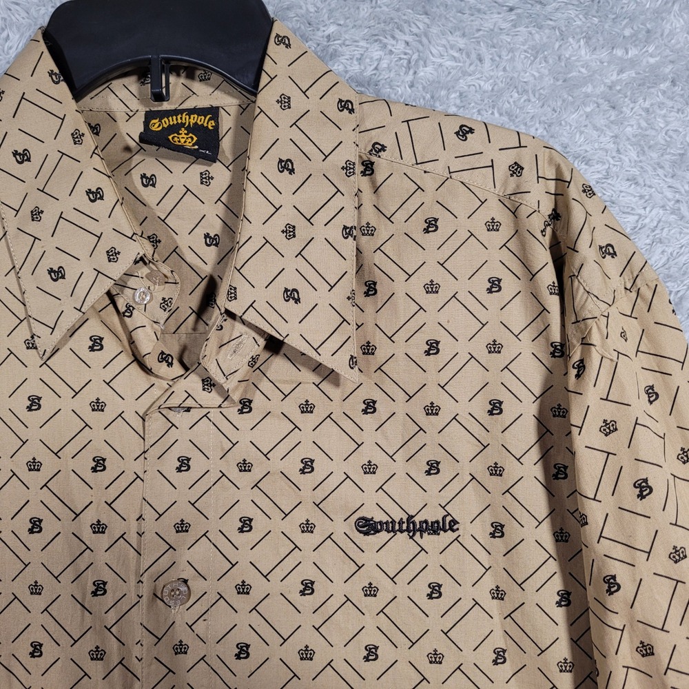 Southpole Button Down Shirt Mens XL Tan Monogram Crown Long Sleeve